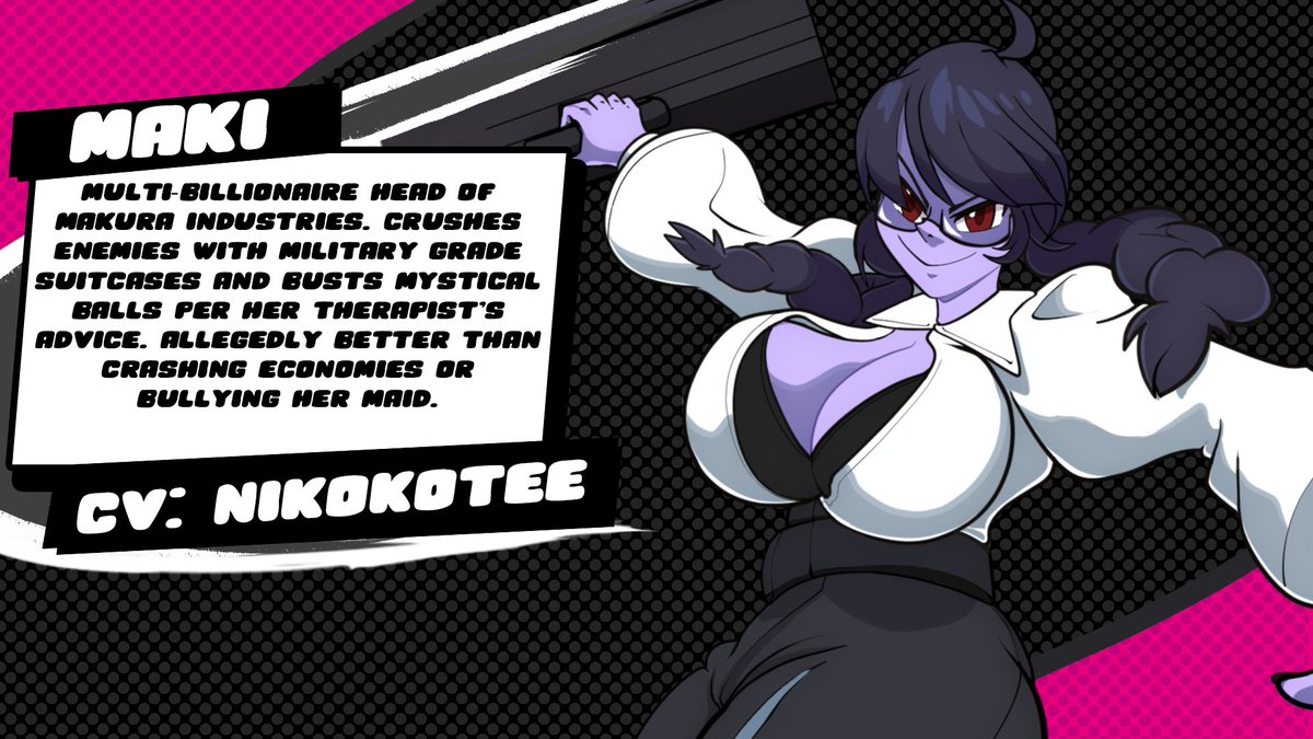 NikokoTee's tweet photo. In Dai's brand new game you can hear me as Maki! The billionaire weapons dealer who doesn't shy away from anyone, but prefers to let her suitcase do the talking 👓💼

#BallBusters https://t.co/X1gqX7UyfX