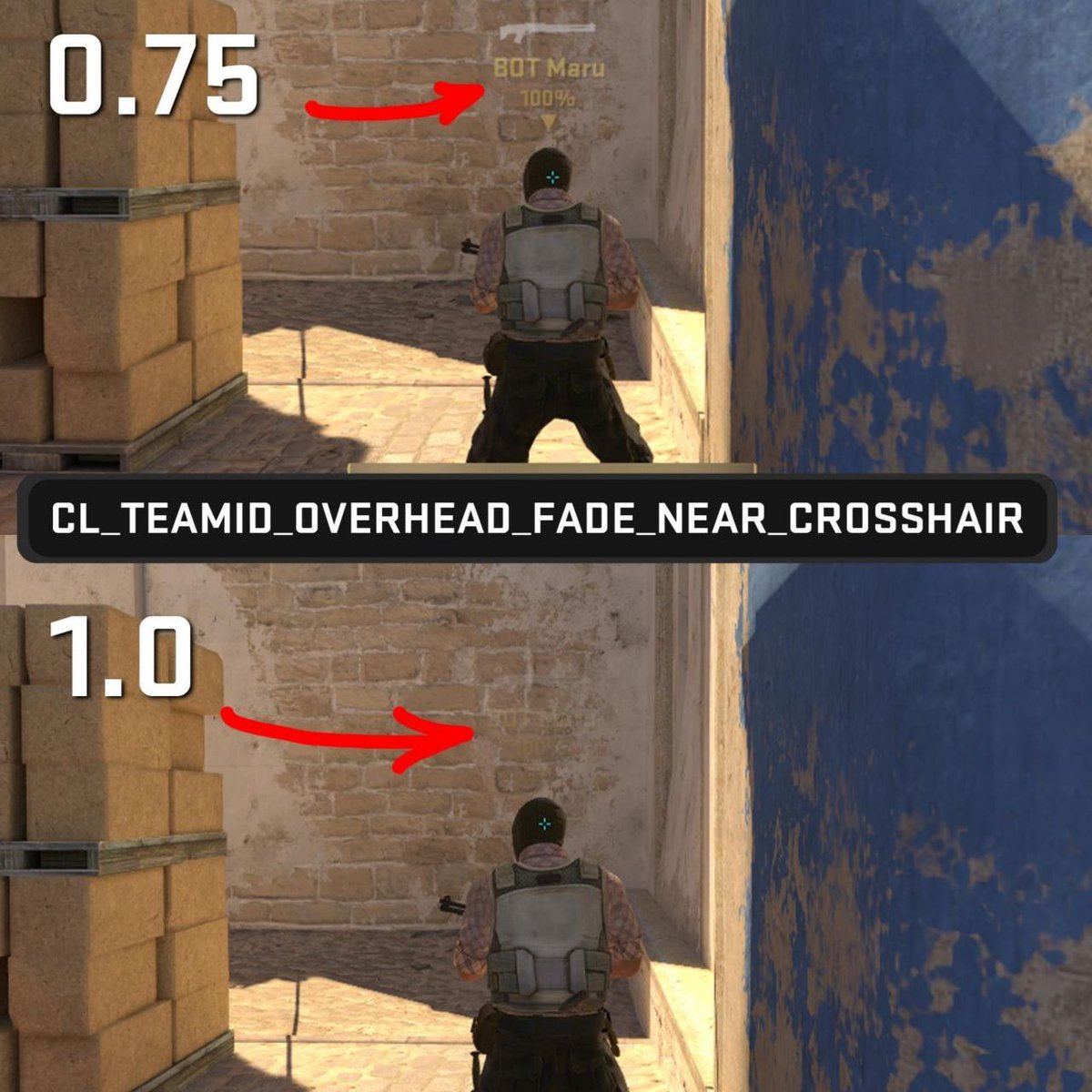 😡 Does it also annoy you when a teammate’s nickname blocks part of your view? We found a solution!
Just enter:
 cl_teamid_overhead_fade_near_crosshair 1
And if you set it to 1.0, the nickname will be almost invisible! Use it 🤝