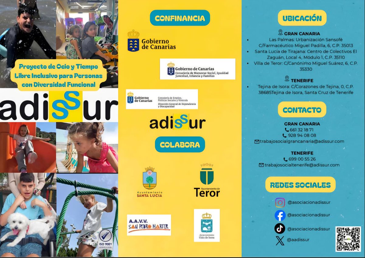 AAdissur's tweet photo. Buenas tardes familias👏
Desde Adissur queremos presentarles el tríptico oficial del proyecto: OCIO Y TIEMPO LIBRE INCLUSIVO PARA PERSONAS CON DIVERSIDAD FUNCIONAL. https://t.co/WTIZc9WtiT