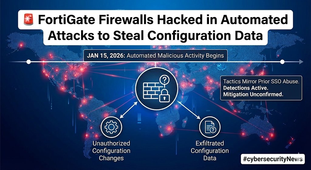 🚨 FortiGate Security Alert

Automated attacks are targeting FortiGate firewalls, stealing configuration data and creating persistent accounts.

🗓️ Active since Jan 15, 2026
⚠️ Access method unclear; Fortinet patch status unconfirmed.

#CyberSecurity #FortiGate #Firewall #InfoSec