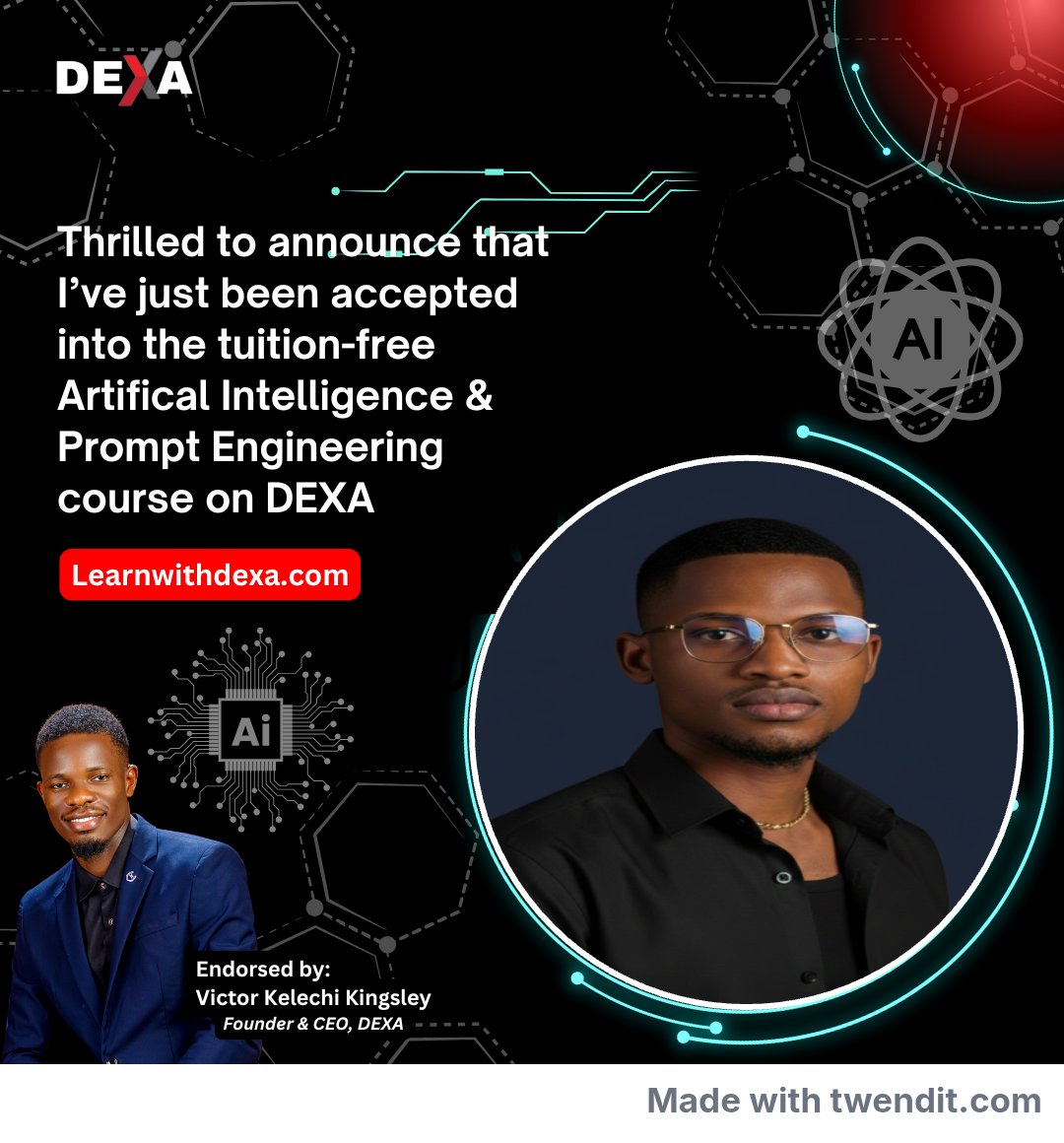 Excited to announce that I've been accepted into the
Tuition-Free Generative Artificial Intelligence &amp;
Prompt Engineering Course on DEXA. In 3weeks, I'll be a
certified Gen Al Specialist &amp; Prompt Engineering. Expert.
Feel free to reach out.
Follow:
<a href="/Learnwithdexa/">DEXA</a> #LearnwithDEXA