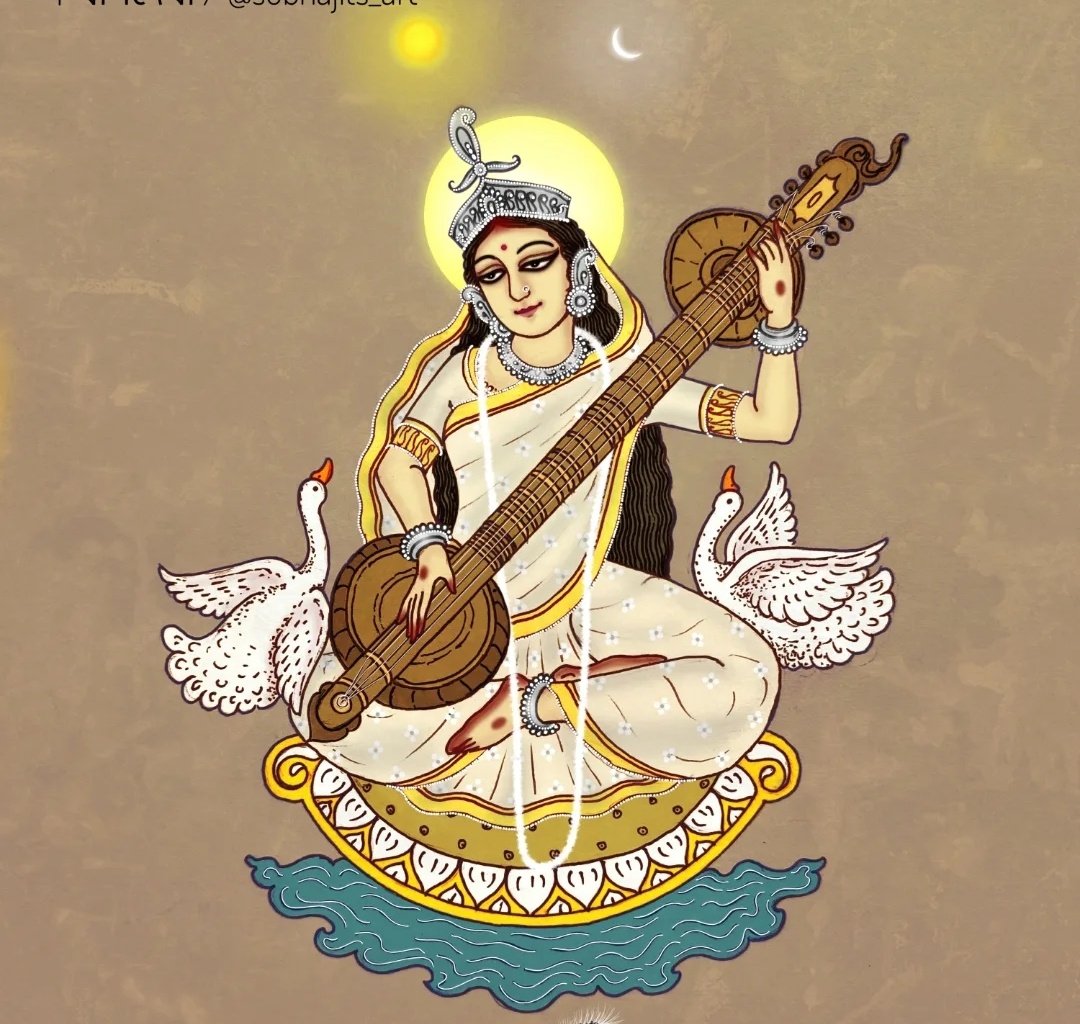ktchandra2's tweet image. Saraswati Puja is not just a religious ritual; it is a celebration of knowledge, art, and the cultural identity of West Bengal.

In the ancient Vedic period, Saraswati was primarily worshiped as a mighty river. Over centuries, as the river dried up, her identity shifted in the…