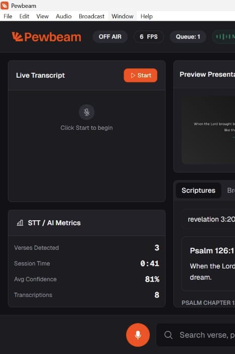 Pewbeam is now available on Windows 🎉

Pewbeam is now moving into Beta. If you’d like to use Pewbeam in your church this Sunday, fill out this form and you’ll get the app for FREE tomorrow.

Fill this: tally.so/r/RGdRxQ