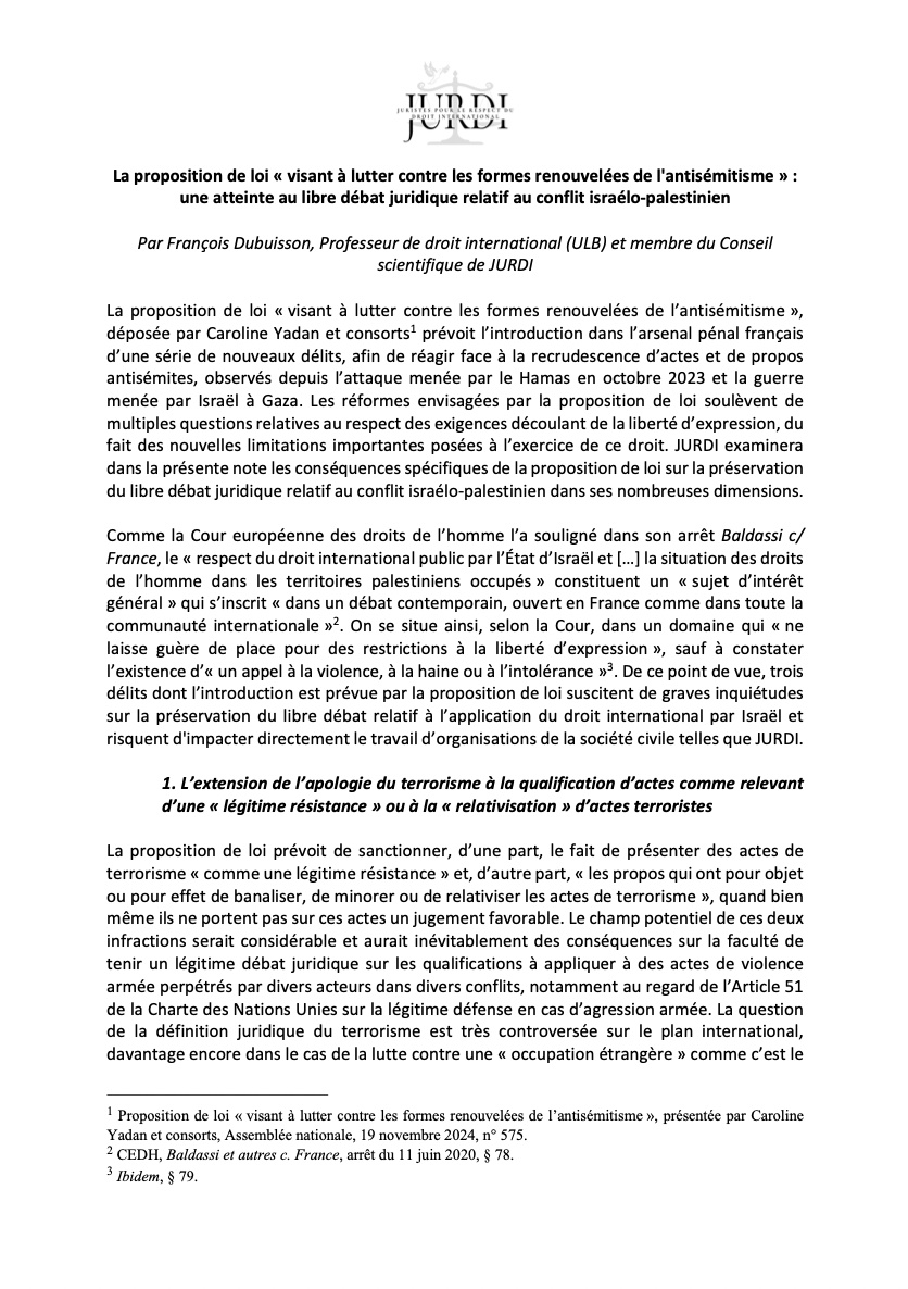 contactujfp's tweet photo. @partisocialiste 
La proposition de loi YADAN : une atteinte au libre débat juridique relatif au conflit israélo-palestinien. La proposition soulève de multiples questions relatives au respect des exigences découlant de la liberté d’expression.
Analyse de l'association Jurdi : https://t.co/Tn8uq1p4vk