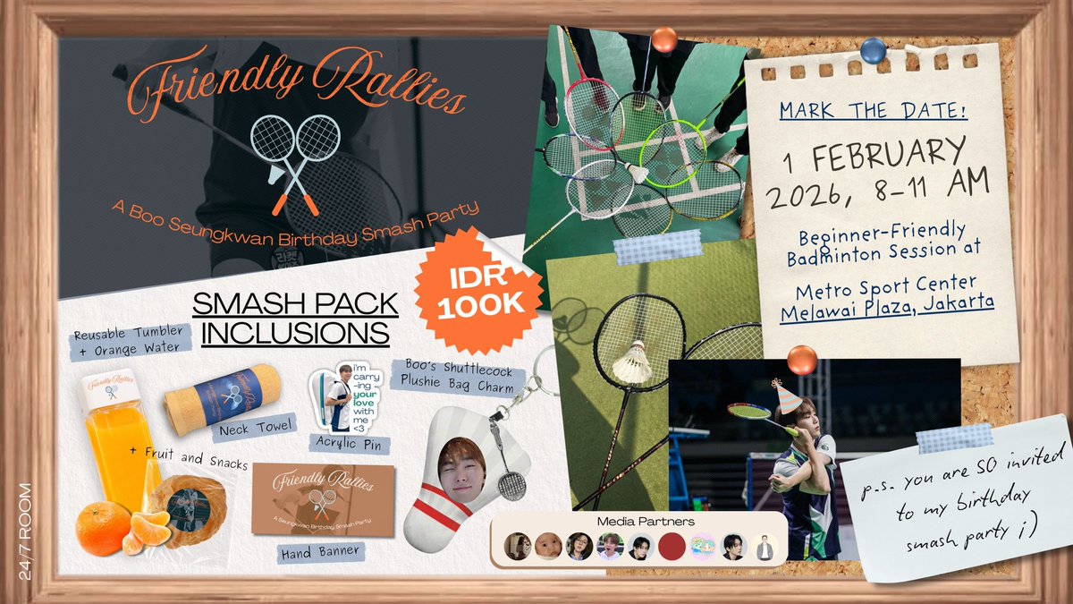 Friendly Rallies 🏸
A Boo Seungkwan Birthday Smash Party Event
by <a href="/247__room/">24/7 ROOM 🍊</a> 

📅 1 February 2026
🏷️ IDR 100,000
Incl. badminton court &amp; racket rent, drinks, snacks, and merchandise

🔗 bit.ly/247KwanRSVP

#FriendlyRallies
#247ROOM