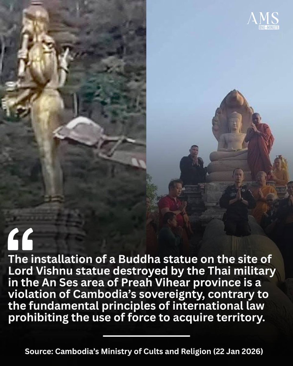 ams1minute's tweet photo. The installation of a Buddha statue on the site of Lord Vishnu statue destroyed by the Thai military in the An Ses area of Preah Vihear province is a violation of Cambodia’s sovereignty https://t.co/rdBeWPbY2E