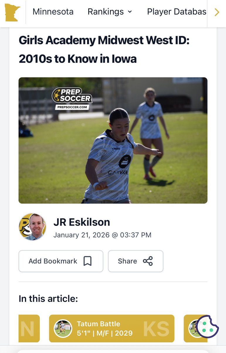Thank you <a href="/PrepSoccer/">Prep Soccer ⚽️</a> for featuring me in “Girls Academy Midwest West ID: 2010s to know in Iowa” and for using my photo as the article cover!

<a href="/KSRush10GA/">Kansas Rush 10 GA</a> <a href="/KSRGirlsAcademy/">Kansas Rush Girls Academy</a> <a href="/KSRushSoccer/">Kansas Rush Soccer</a> <a href="/ImYouthSoccer/">ECNL/GA/Recruiting/College Soccer</a> <a href="/TopDrawerSoccer/">TopDrawerSoccer</a> <a href="/TheSoccerWire/">SoccerWire</a> <a href="/Smedley033/">Smedleys Soccer Site</a>