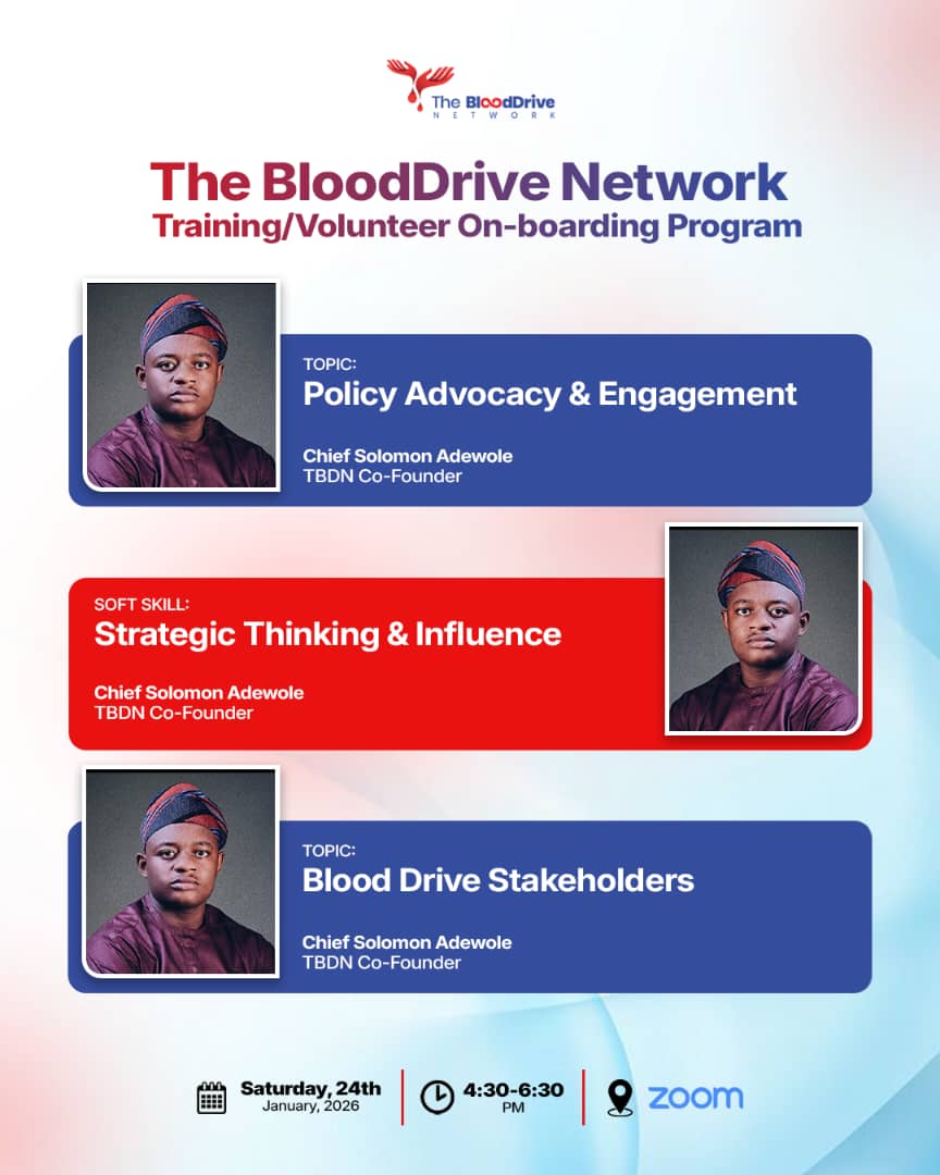 IT'S THE LAST WEEKEND OF THE TRAINING SERIES 

Join us as we explore Policy Advocacy, Strategic thinking and Team Operations, led by our amazing leadership team.

🗓 Saturday, 24th January 2026
⏰ 4:30 – 6:30 PM
📍 Zoom

Giving safe blood to save lives...❤️🩸