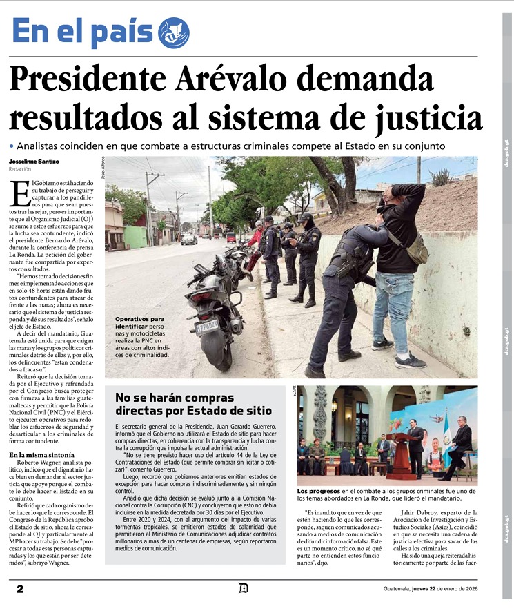 PNCdeGuatemala's tweet photo. Compartimos las siguientes notas de @DiariodeCA

Arévalo requiere apoyo del sistema de justicia
(portada, páginas 2 y 3)

Censo en cárceles está por concluir
(página 5) https://t.co/3cZL2mDb63