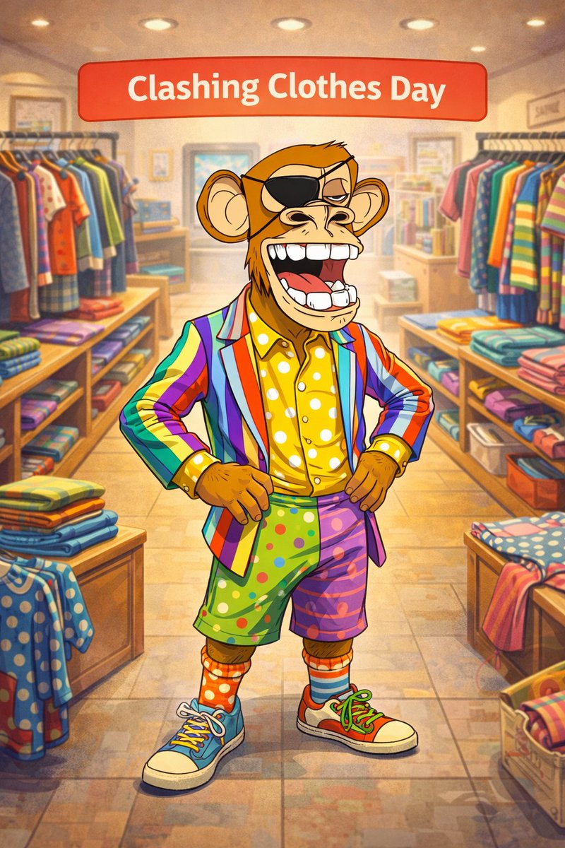 mgmm's tweet photo. GM

It's Clashing Clothes Day
Nice reminder that not everything has to match to make sense.
Sometimes you just wear what you’ve got and get on with it!
#ApeDayDiaries #ClashingClothesDay
@BoredApeYC @boredcloset https://t.co/Cnpn1gLRfU