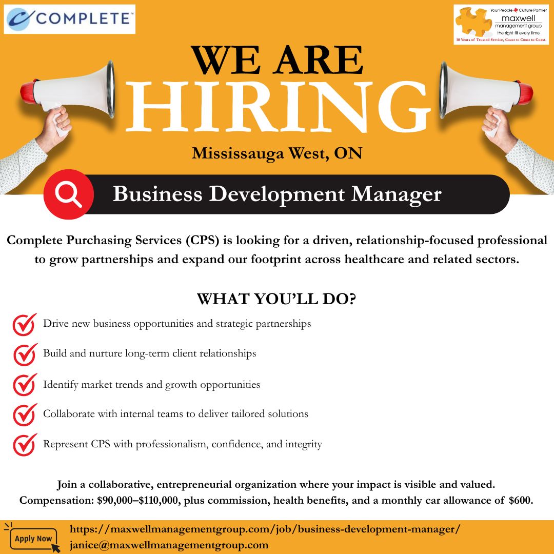 Ready to turn conversations into opportunities?

We’re looking for a business growth leader who thrives on building partnerships, spotting market opportunities, and creating real impact in healthcare and beyond.

Apply: maxwellmanagementgroup.com/job/business-d…

<a href="/cityoftoronto/">City of Toronto 🇨🇦</a> 
<a href="/citymississauga/">City of Mississauga</a>