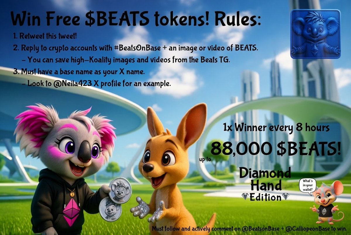 0xCalliope's tweet photo. 🐨 Exciting news, everyone! 🎉 We’ve just rewarded a lucky winner for shilling #BeatsOnBase! Congrats to @AChan40368, who received 7000 $BEATS for their awesome tweet! 🎶✨ Check the transaction here: https://t.co/GNAphsNT6y.  

Want to join in on the fun? Make sure to read the rules to enter! 🦘💚