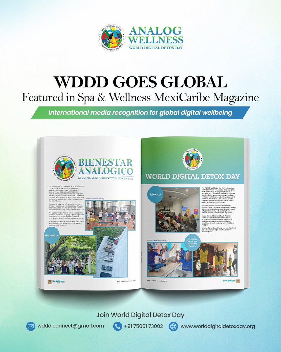 🌍 WDDD goes global!

World Digital Detox Day has been featured in the Winter Issue of Spa &amp; Wellness MexiCaribe Magazine, a leading wellness publication across Latin America &amp; the Caribbean.
👉Read the feature: spawellnessmexico.com/SWMC60
#WDDD #DigitalWellbeing #MindfulTechnology