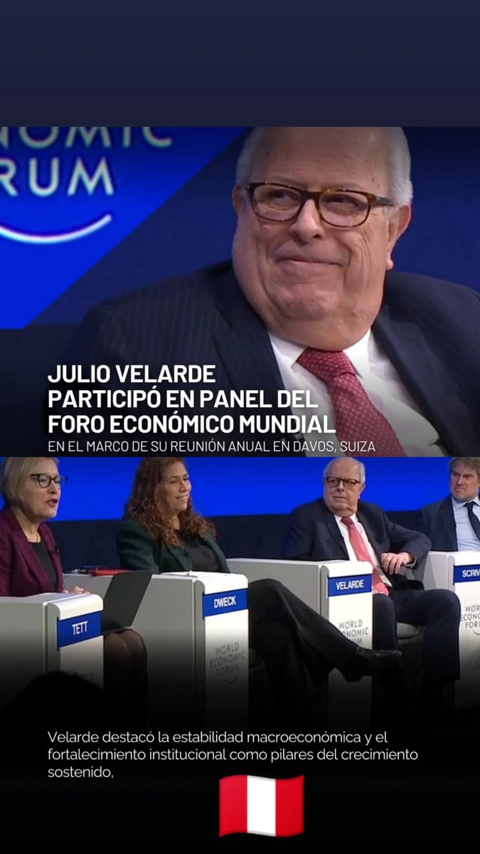 Julio Velarde representa a nuestro país en el WEF
Orgullo que el presidente del BCR cumpla un papel importante en este foro.
Menciono la importancia de la estabilidad macroeconómica, mantener las reglas claras pilar para el crecimiento.