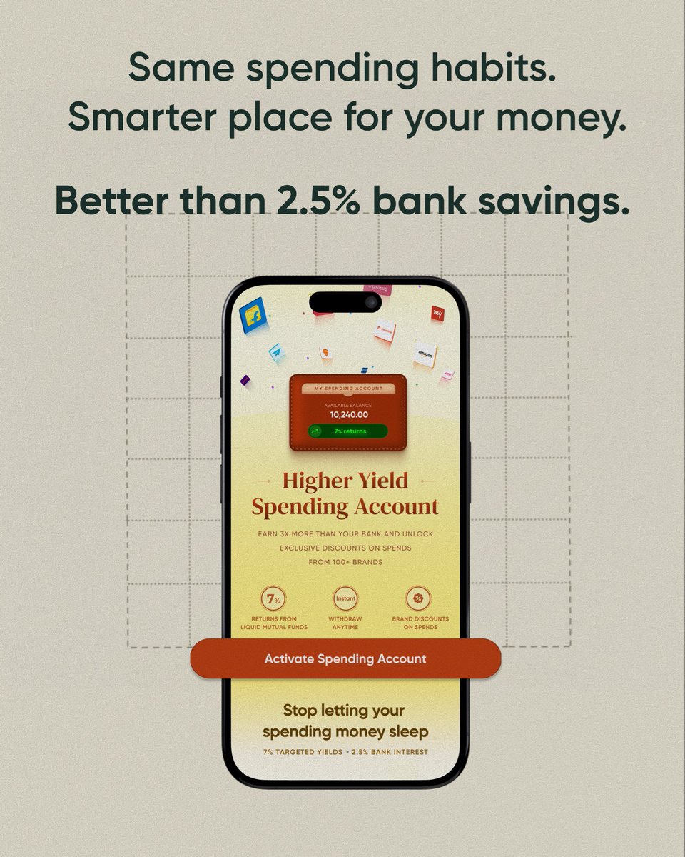 MultiplMovement's tweet photo. Better than 2.5% bank savings, earn up to 7% and get brand discounts on everyday spends.
#multiplapp #newlaunch #HigherYieldSpendingAccount #mutualfunds #investments #spends #mutualfunds #investments #smartsavings #trips #interest #gadgets #emergency #branddiscounts #dreams #wishlist #spendvesting
