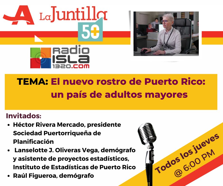 Hoy jueves recuerda sintonizar La Juntilla 50+ a las 6:00 PM <a href="/radioislatv/">Radio Isla 1320</a>.