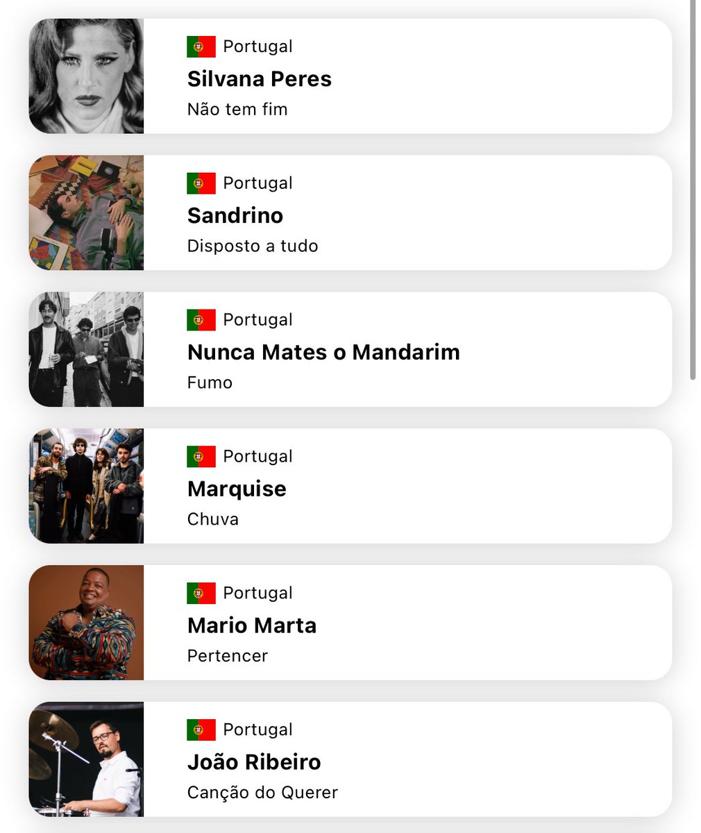 459points's tweet photo. 🇵🇹 Portugal, say hi! All 16 songs in this year’s edition of #FestivalDaCançao 2026 have been released and added to the app!

➡️ With Dansk Melodi Grand Prix, two new festivals added to the app today! https://t.co/ofXRwnOQyH