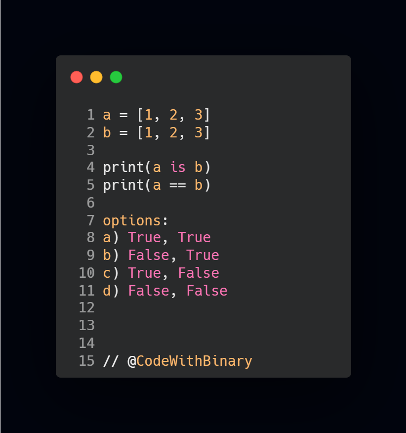 CodeWithBinary's tweet image. 90% of Python beginners get this wrong. 🤯 

What's the output?

Drop your answer + explain why 👇
#Python