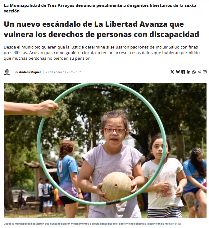 VHMok's tweet photo. ♿ LA LIBERTAD AVANZA Y UN NUEVO ATAQUE A LAS PERSONAS CON DISCAPACIDAD

🚨 A la avanzada del gobierno de Javier Milei contra las políticas de discapacidad y a la investigación por presunta corrupción en la ANDIS, se sumó una grave denuncia desde la Municipalidad de Tres Arroyos. Dirigentes de La Libertad Avanza fueron denunciados penalmente por el posible uso de datos personales de personas con discapacidad con fines electorales durante la campaña.

🗣️ “Se filtraron chats de Franca Grippo donde afirma tener el padrón de personas con discapacidad que cobran pensión y que ese material sería distribuido entre quienes harían trabajo territorial antes de las elecciones”, explicó Andrea Elgart, coordinadora del Área de Discapacidad de Tres Arroyos, en #LaMañana por @AM750.

#Discapacidad #DerechosHumanos #LaLibertadAvanza #DatosPersonales #TresArroyos #ANDIS
