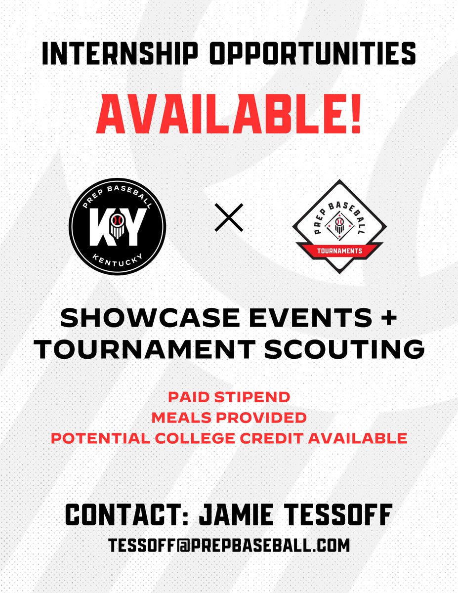 PrepbaseballKY's tweet image. 🚨 2026 INTERNSHIPS 🚨

Prep Baseball Kentucky has paid work opportunities available for this summer! Internships include working showcase events and scouting weekend tournaments. Included is a paid stipend, meals/hotels, and college credit is available (if applicable)!

Contact…