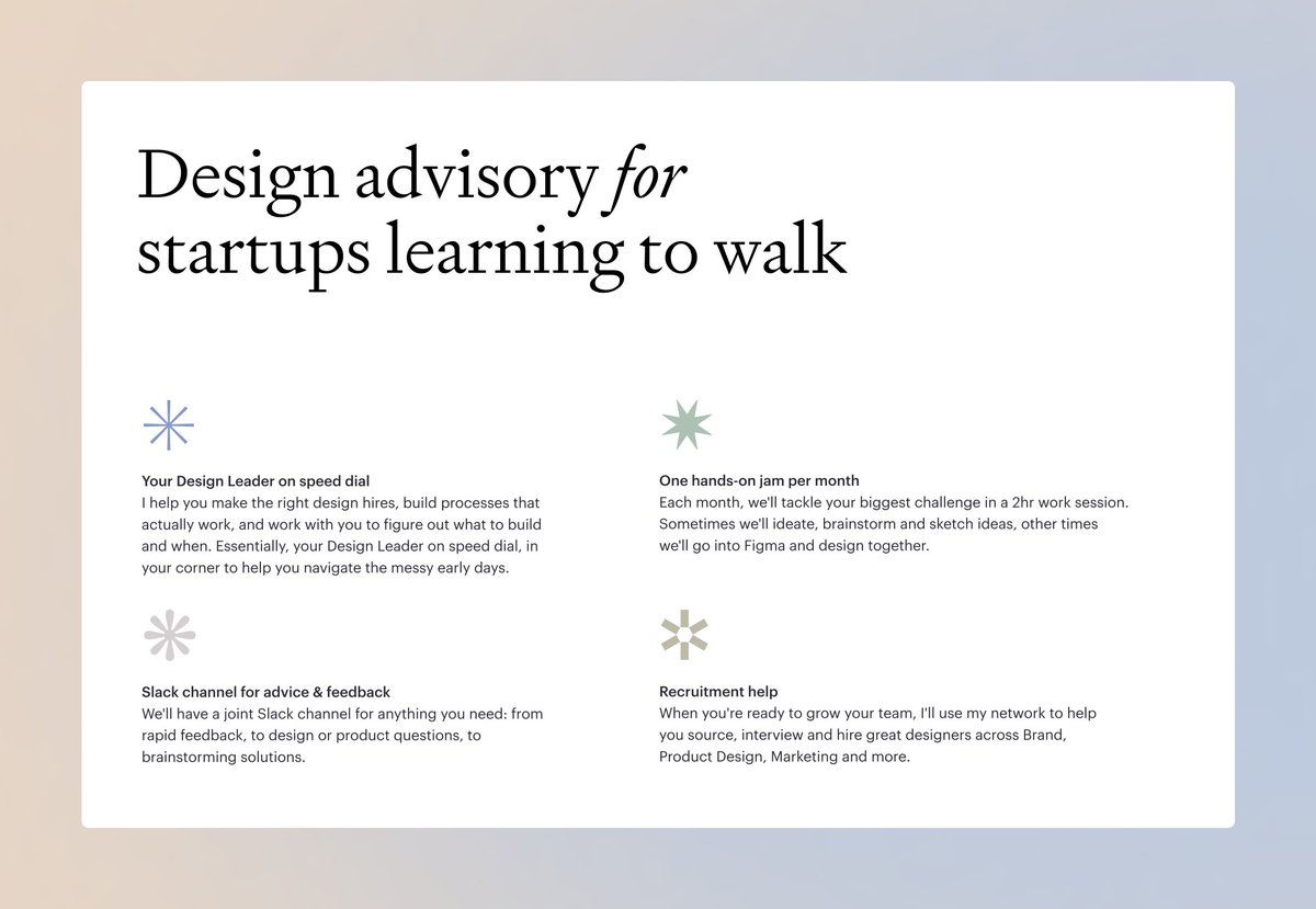 As a Founding Designer, I can only take on 1 or 2 projects per year. So a few months ago, I launched a Design Advisory model that lets me support more teams.

Think of it as having a Design Leader on speed dial, always in your corner during the messy early days:
- Jamming on your