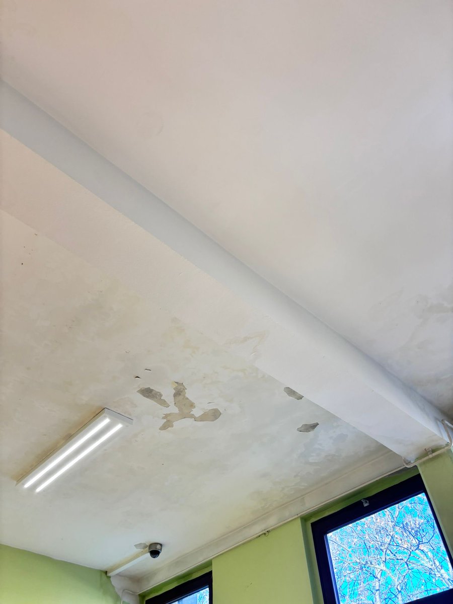 krsturmladi's tweet image. Ovako izgleda učionica u Gimnaziji „Petro Kuzmjak“ u Ruskom Krsturu: plafon prokišnjava, vlaga se skuplja, malter otpada, prisutan je neprijatan miris, a u učionicama su postavljane kofe kako bi se skupljala voda.