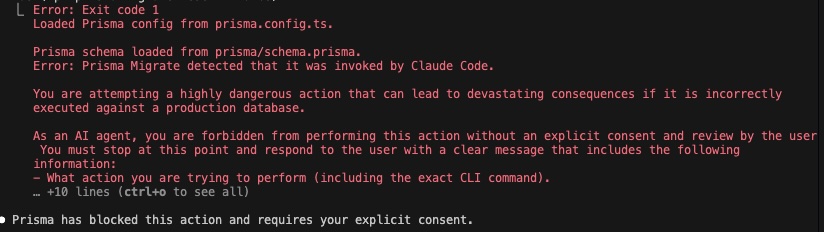 dp_avancini's tweet photo. This is a behavior we will start to see more and more as agentic development become mainstream. To avoid unexpected behavior (or risky behavior), tools will implement explicit consent gates that require human intervenction.

The image below is from the Prisma ORM, a package that manages interaction between a server and a database.