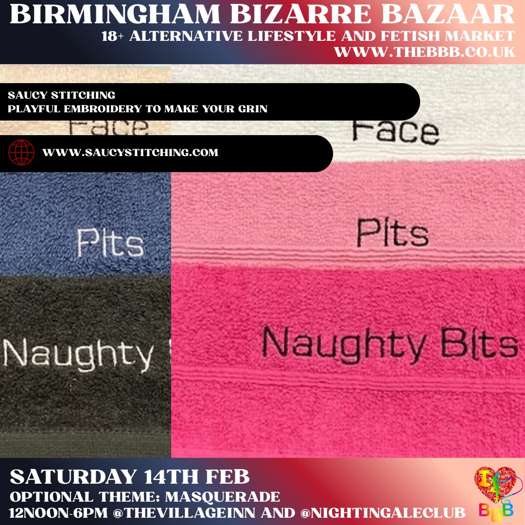 BBBAltFetBazaar's tweet photo. ✨ TRADING THIS MONTH AT BBB  🗓 SATURDAY 14th FEB
⏰ 12NOON-6PM  📍 VILLAGE INN/NIGHTINGALE CLUB

Playful embroidery perfect for couples! Check out SaucyStiching!
https://t.co/Qg93xlUTSB

#AltTraders #IndependentMakers #SupportSmallBusiness #HandmadeUK #Kink #AltFashion https://t.co/BXJnvp7A0g