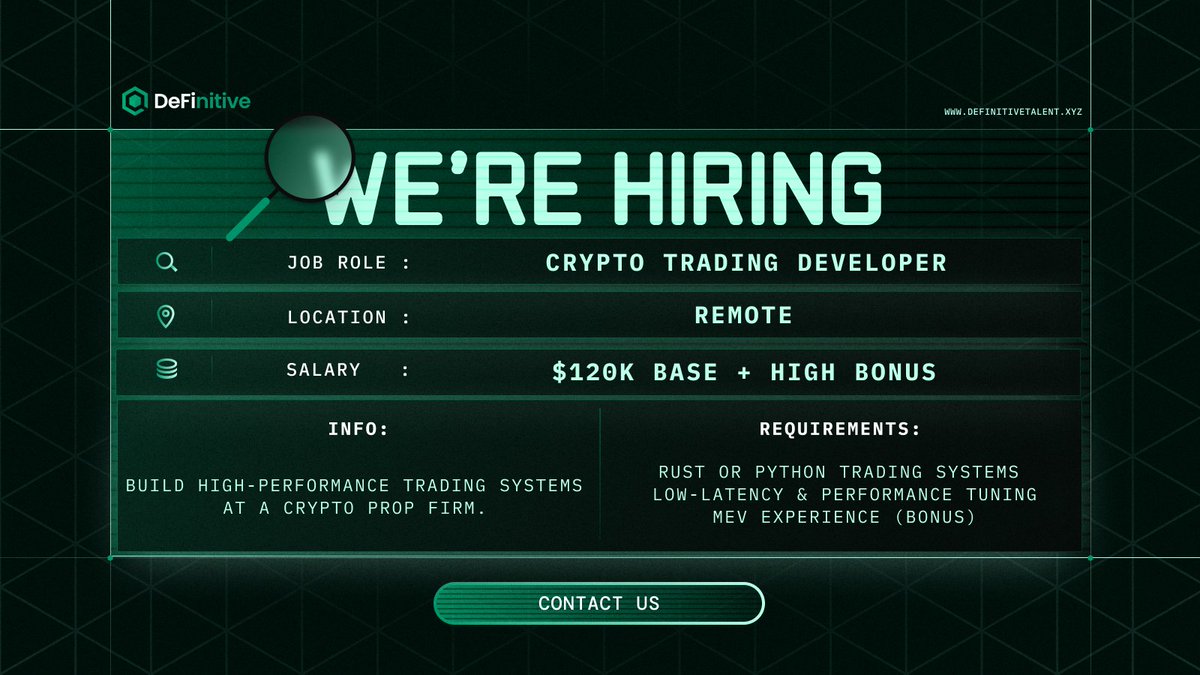 Hiring: Crypto Trading Developer Join a crypto prop trading firm competing  with the best. ✓ Rust or Python ✓ Low-latency trading systems ✓ MEV a big  plus 🗣 Russian language preferred 💰