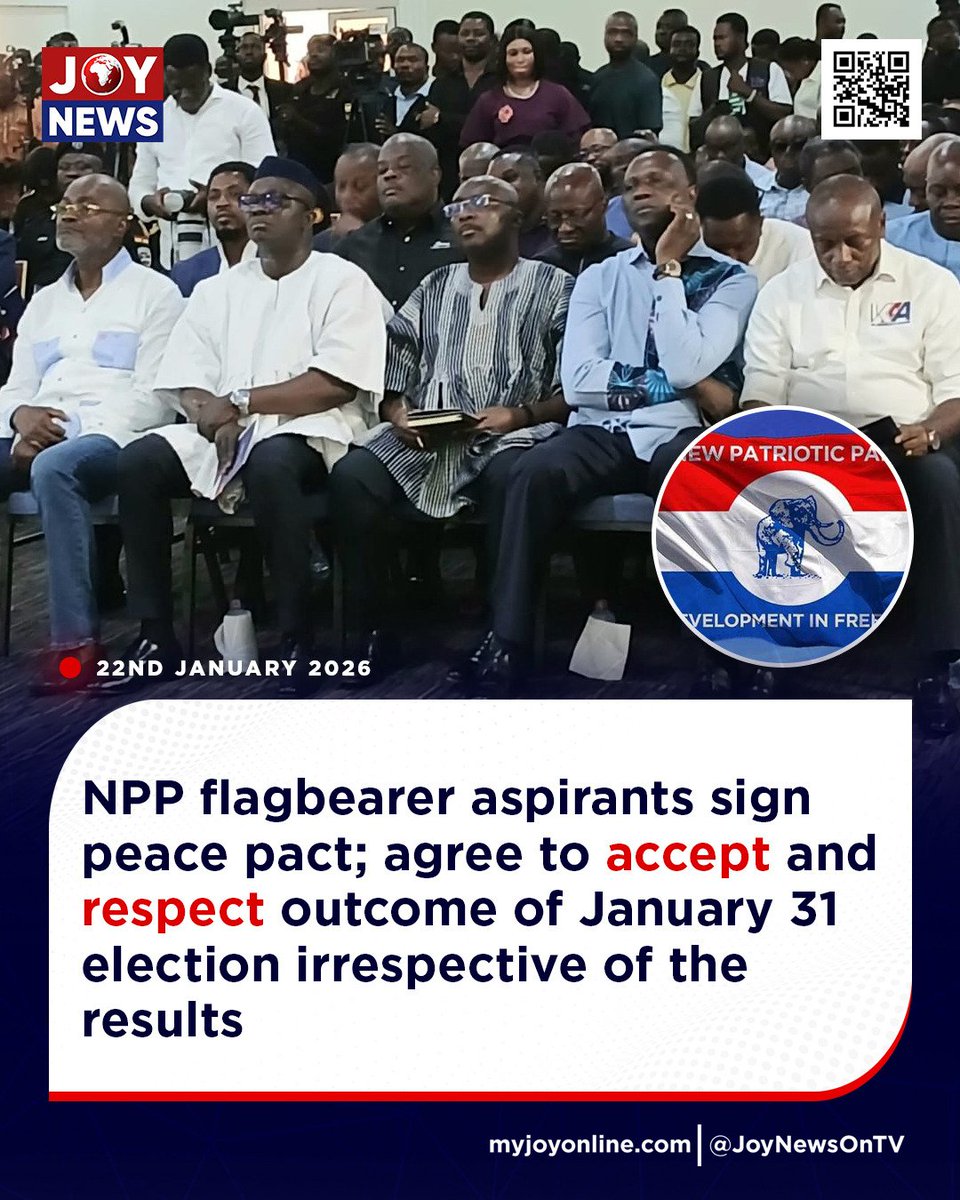 JoyNewsOnTV's tweet image. NPP flagbearer aspirants sign peace pact; agree to accept and respect outcome of January 31 election irrespective of the results

Follow our WhatsApp channel for all the breaking stories: tinyurl.com/JoyNews-WhatsA…

#JoyNews #Viral #Explorepage #Ghana #JoyFM #GhanaNews #Ghana…