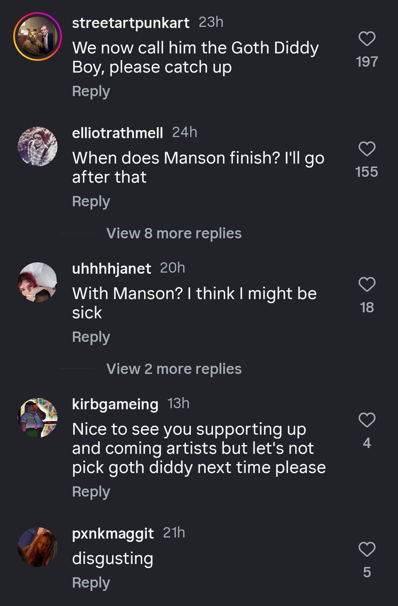 spookylula's tweet photo. Rob Zombie fans calling Manson "Goth Diddy" in the comments section of their tour announcement. Don't support nonces 🔥 https://t.co/oI2DawQejr