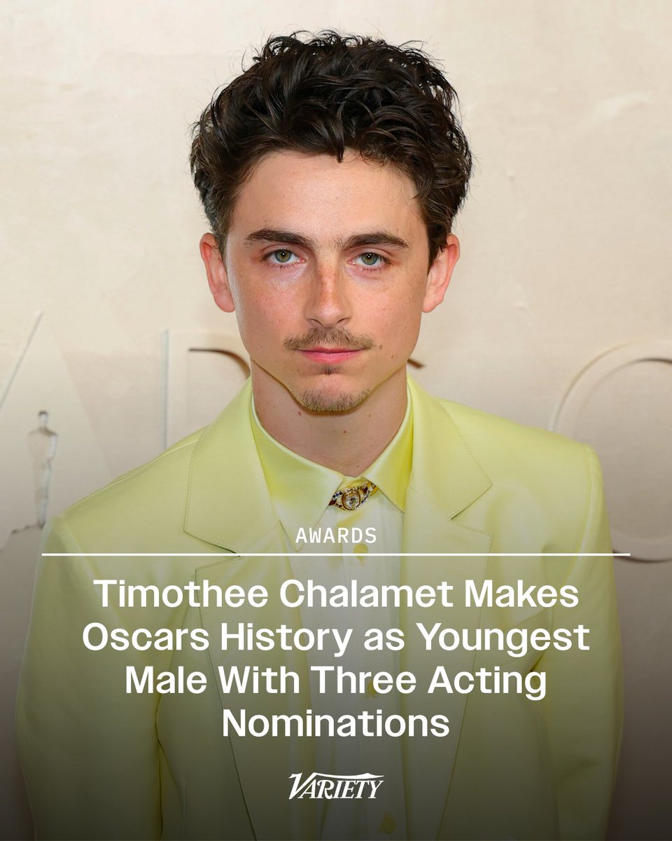 Variety's tweet photo. #TimotheeChalamet has earned his third Oscar nomination for Best Actor, becoming the youngest male actor in history to score three acting nominations.

Chalamet was first nominated in 2018 for Luca Guadagnino’s “Call Me By Your Name.” He’s now scored back-to-back nods for his performances as Bob Dylan in “A Complete Unknown” and a professional ping-player in “Marty Supreme.”

https://t.co/RzMUfrQOFh