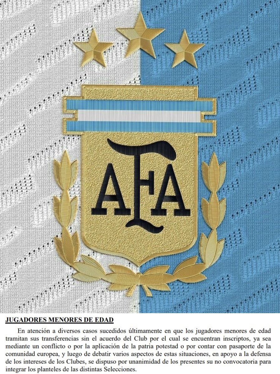 sudanalytics_'s tweet image. ⚠️🇦🇷 [OFICIAL] AFA DEJARÁ DE CONVOCAR A LAS SELECCIONES a aquellos futbolistas que se vayan al exterior por PATRIA POTESTAD.

🗣️ “La idea es ordenar el proceso formativo y evitar salidas prematuras que perjudiquen el desarrollo deportivo”.

No aclara si APLICA PARA LA MAYOR. ⛔️