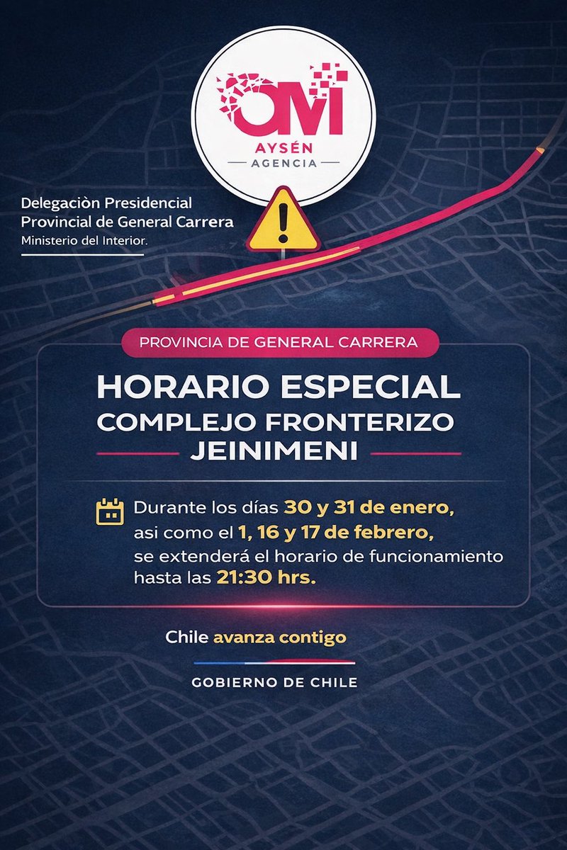 📍Provincia de General Carrera
Planifica tu viaje con anticipación.

#Aysén #Chile #PasoJeinimeni #TránsitoFronterizo #GeneralCarrera #InformaciónÚtil #MAEreporteraAysén