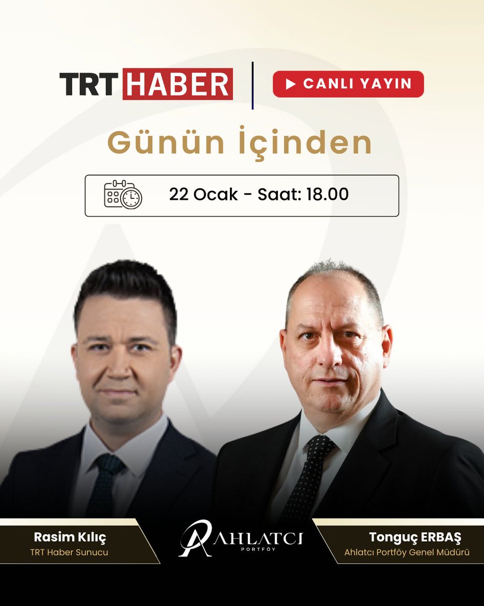 AhlatciPortfoy's tweet image. Ahlatcı Portföy Genel Müdürü TONGUÇ ERBAŞ, bugün saat 18.00’de TRT HABER ekranlarında, Rasim Kılıç'ın sunduğu “Günün İçinden” programına canlı yayın konuğu olarak katılacak.

@Tongucerbas @rasimkilic_  @trthaber

#AhlatcıPortföy
