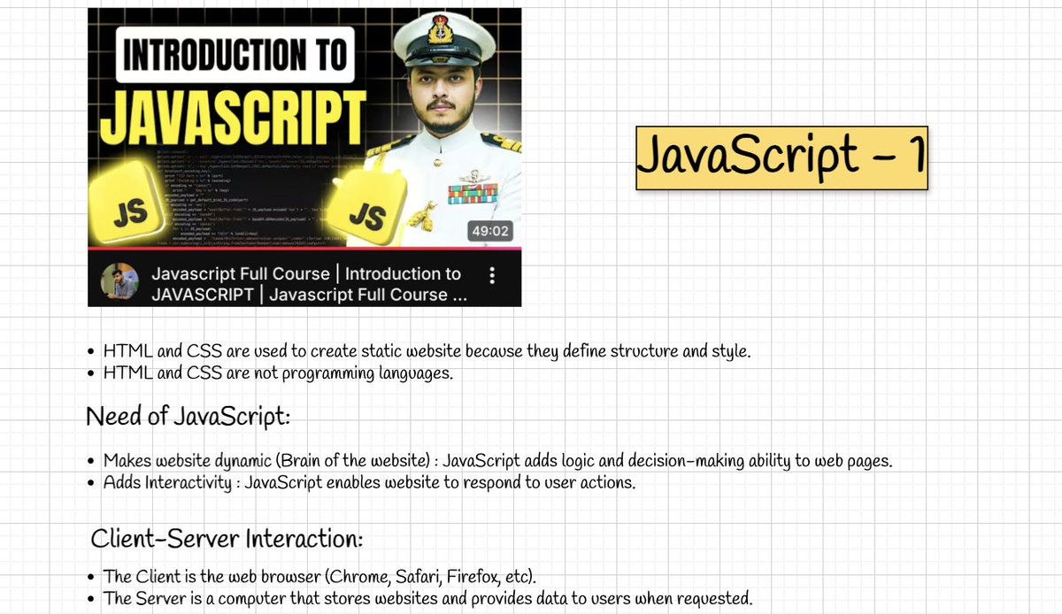 CommitDaily_'s tweet image. 📅 Day 1: Introduction to JavaScript

HTML builds.
CSS decorates.
JavaScript decides.

From clicks to logic — this is where websites stop being static ⚡

🙌 Thanks to @rohit_negi9 Bhaiya &amp;amp; @adityatandon02 Bhaiya  

#JavaScript #WebDevelopment #100DaysOfCode #DEFENSE