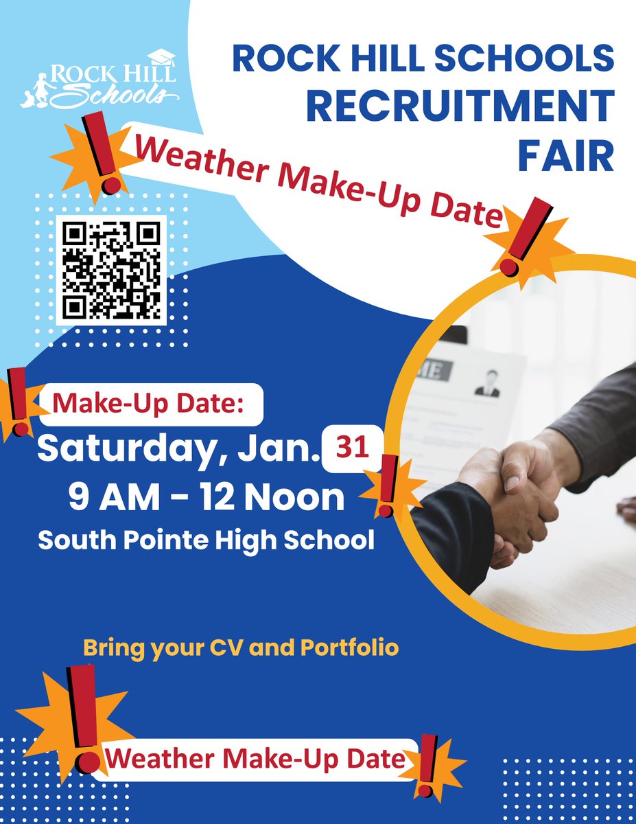 🚨 Weather Update 🚨
Due to inclement weather, the Rock Hill Schools Recruitment Fair originally scheduled for January 24 has been rescheduled.
📅 New Date: Saturday, January 31
⏰ Time: 9:00 AM – 12:00 PM
📍 Location: South Pointe High School
We look forward to seeing you there!
