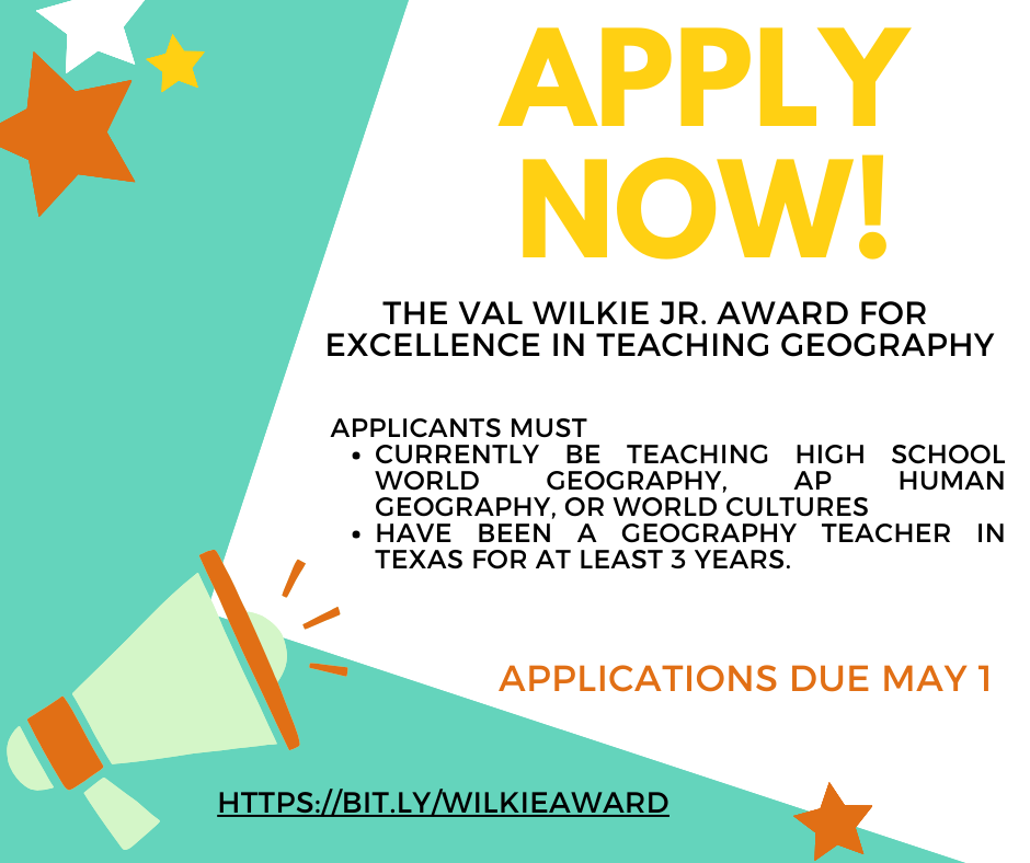 txgeoed's tweet photo. Geography educators, applications are now open for our annual award!

APPLY or NOMINATE a worthy individual!

https://t.co/TlQc9zaJ5I https://t.co/1haQYTaQzR