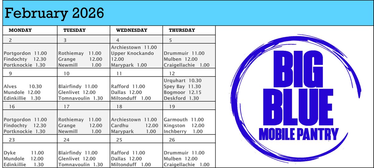 Big Blue's timetable for February!