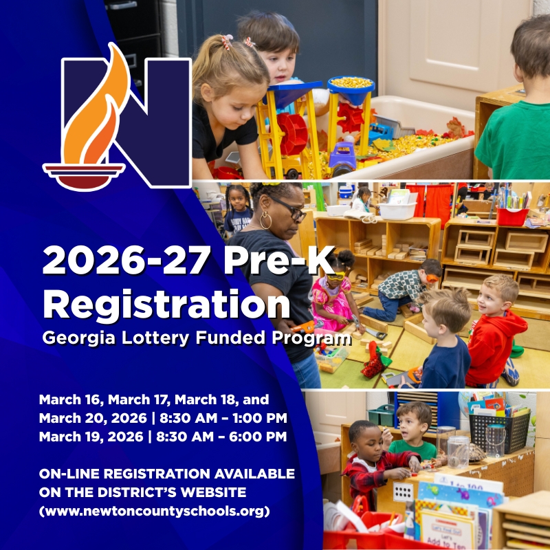 It’s time to start planning for our youngest scholars!

Newton County Schools will hold Pre-K registration for the 2026–2027 school year during the week of March 16, 2026. Our Georgia lottery-funded Pre-K program provides a strong foundation for learning, growth, and success.