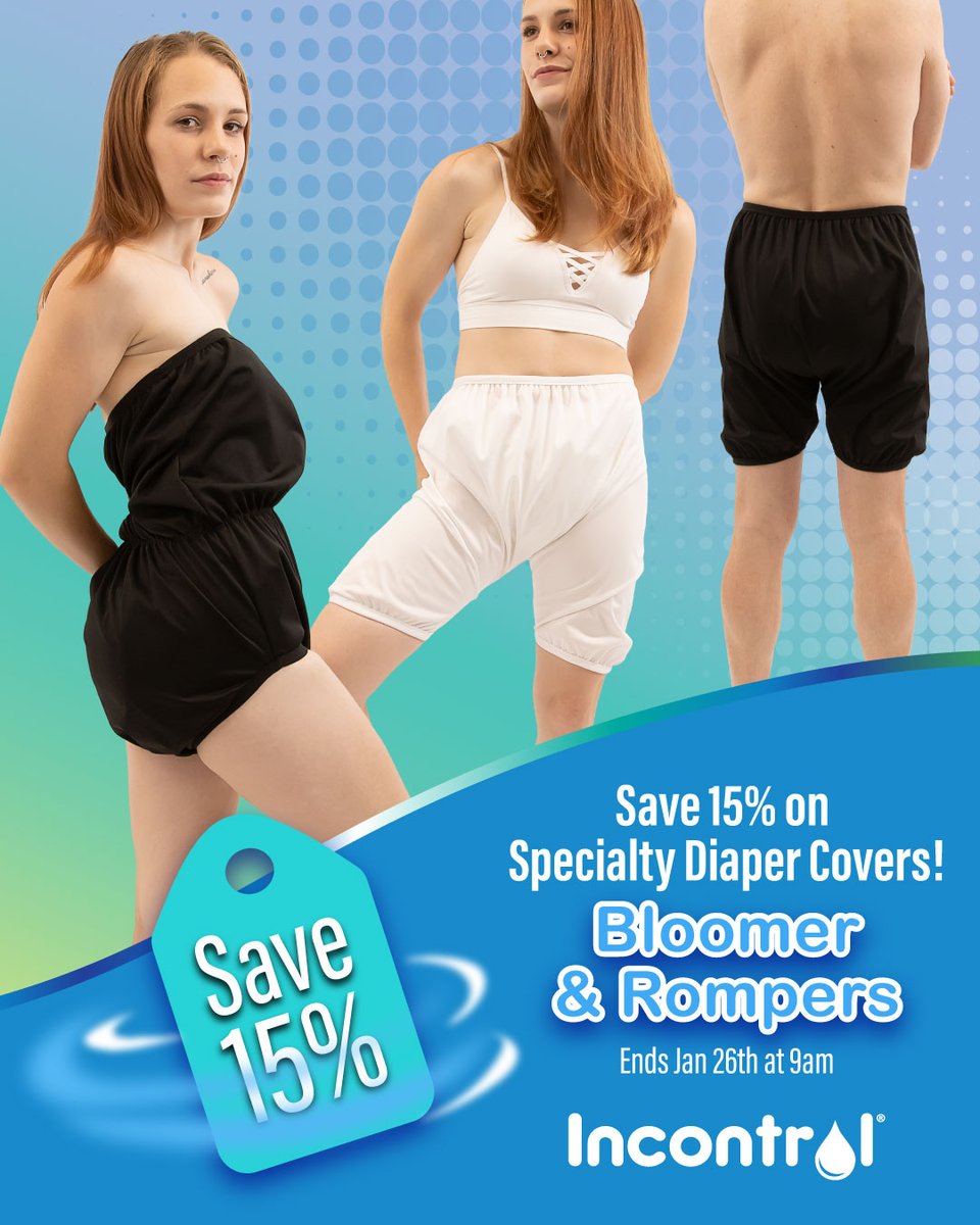 InControlDiaper's tweet photo. Save 15% on our Bloomer & Romper diaper covers. Comfortable, discreet, and now on sale through Jan 26th at 9am ET.
https://t.co/swHRGQRhO6
#diapercover #waterproofcover #incontinencecover #leakprotection #incontroldiapers #incontinence #incontinencecare https://t.co/fiVDPsi3GA