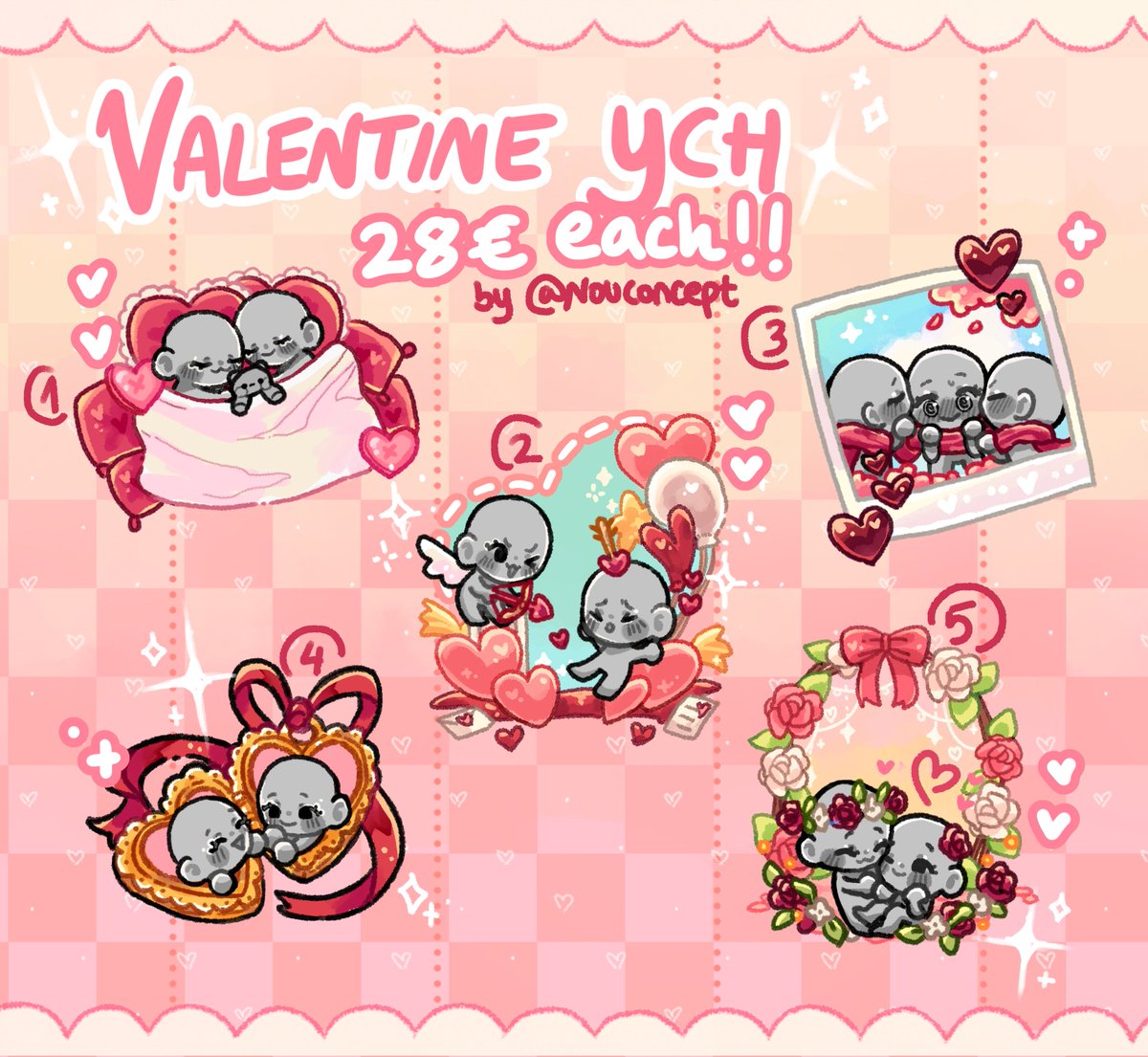 💗🎀 VALENTINE'S DAY YCH COMMS 🎀💗

Opening 10 slots! ✨ These are 28€ each, and comes with custom color

Contact me via DM or mail if interested 💗 Have a nice day!