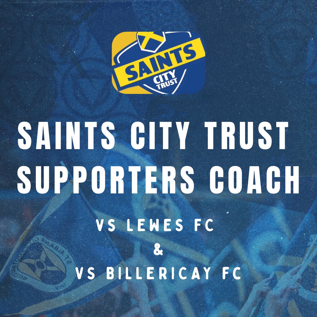 🚌 AWAY COACH 🚌

The Saints City Trust are running supporter coaches for our next two away games! ⚽️

Lewes FC | 24th Jan - coach will depart at 11am, £25pp.

Billericay FC | 27th Jan - coach will depart at 17:15, £20pp.

Book your seat on both by contacting lan Rogers via by