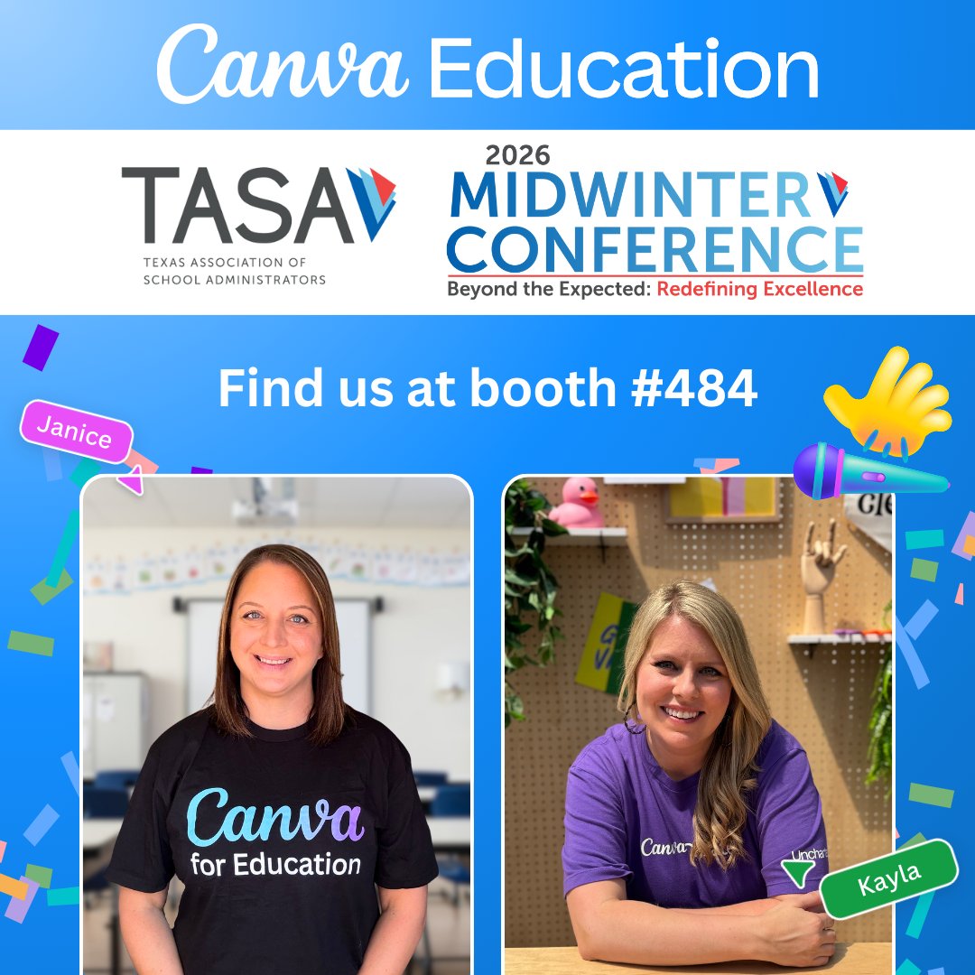 MsWintermyer's tweet photo. Next week we are headed to the @tasanet Midwinter Conference! If you’re heading to the conference, stop by booth 484. We’ll be sharing how @CanvaEdu supports admin beyond the classroom, from communication &amp; planning to leadership visuals! And yes, there will be swag😉

#CanvaEdu https://t.co/BMDUhHHUHT