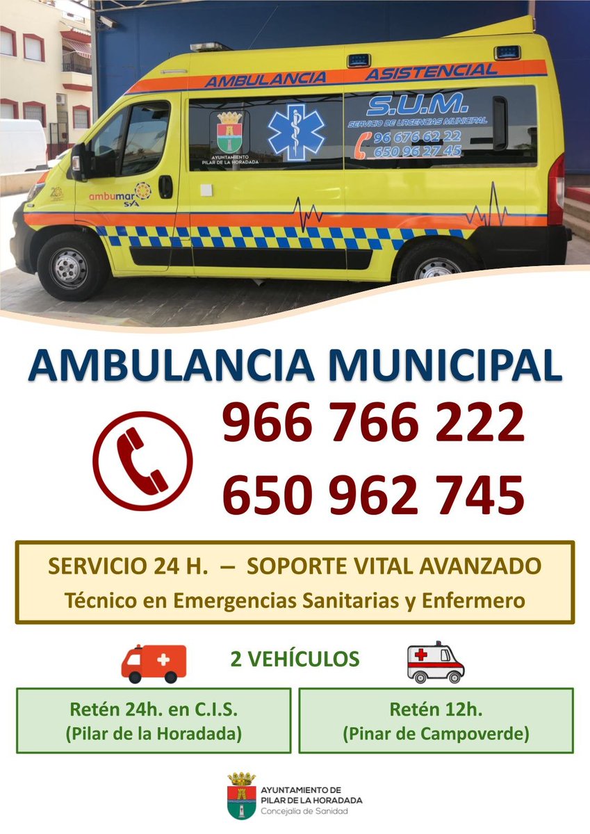 phoradada's tweet photo. 🚑𝐀𝗺𝗯𝘂𝗹𝗮𝗻𝗰𝗶𝗮 𝗠𝘂𝗻𝗶𝗰𝗶𝗽𝗮𝗹🚑

🔈 La Concejalía de Sanidad de Pilar de la Horadada informa sobre el Servicio de Ambulancia del municipio:
📞966 766 222
📞650 962 745
✅Servicio 24 Horas 
✅24 Hour Service – Advanced Life Support
Emergency Health Technician and Nurse https://t.co/WqTevtrFtV
