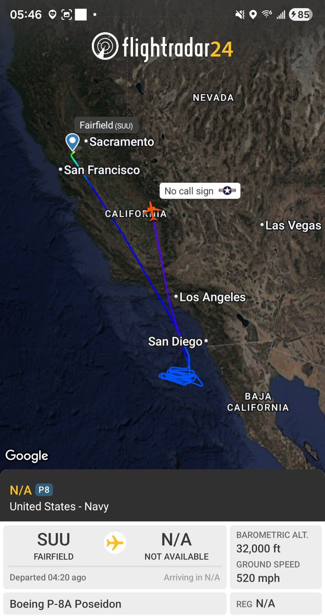 Borrowed7Time's tweet photo. US Navy P-8A Poseidon #AE67CB out of Travis AFB, returning after an overnight mission off the Baja California coast.
@sipjack1776 @LadyAstroJet https://t.co/xX37HPNUpA