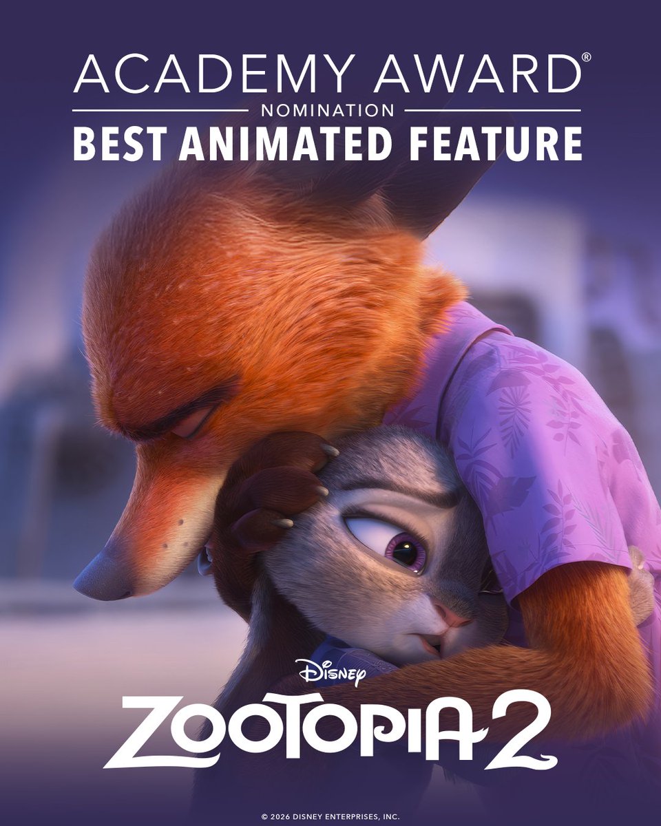 DisneyAnimation's tweet image. Congratulations to the cast and crew of Disney’s #Zootopia2 for their Academy Award® Nomination for Best Animated Feature!