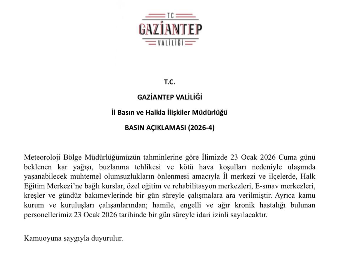 Meteorolojik veriler ışığında 23 Ocak 2026 Cuma günü beklenen olumsuz hava koşulları nedeniyle Valiliğimiz tedbir kararını içeren basın açıklama metnimiz için ⬇️⬇️ tıklayınız. 

#kar