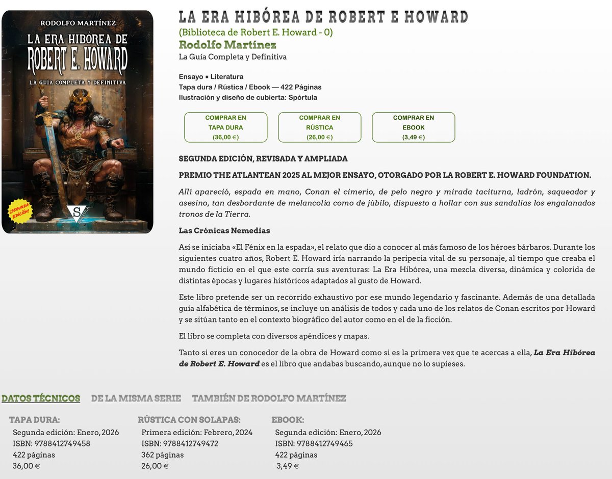 Ya está disponible la segunda edición de "La Era Hibórea de Robert E. Howard" de <a href="/Yaxtor/">Rudy (Rodolfo Martínez)</a>, donde este repasa de forma exhaustiva la creación más famosa del autor texano.
sportula.es/la-era-hiborea…