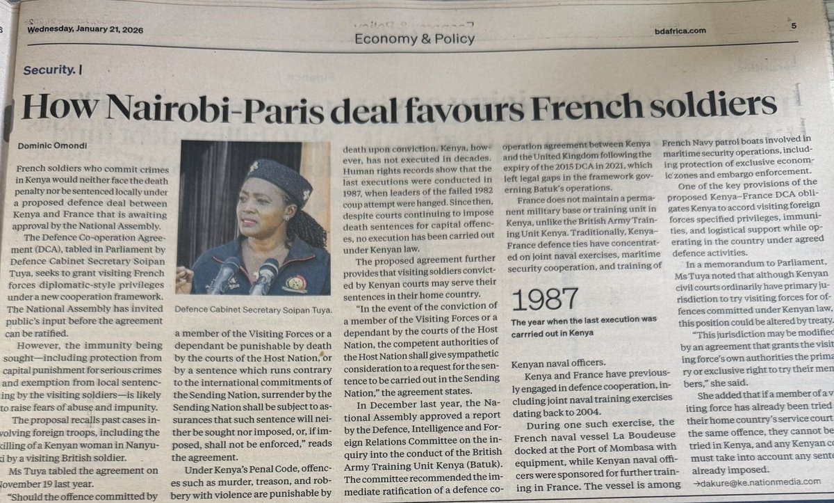 _James041's tweet photo. There's this article on Business Daily.

William Ruto's killer regime is seeking to grant french soldiers diplomatic immunity; meaning, exempting french soldiers from prosecution if they commit any crime in Kenyan soil.

This country is being ruled by a demon. That is the reality.

The family of Agnes Wanjiru is still seeking justice after the brutal murder of Agnes by Purkiss 13 years ago.

BATUK are still violating human rights with no accountability and now french soldiers who have been chased away from West Africa are being given diplomatic immunity.

Samora Machel once said, " if one day you see the Europeans praise me, know that I have betrayed you."

The same script in The Tales of an Economic Hitman is being played here.

IMF and World Bank are setting up military bases getting ready for recolonization.

Already we are in a debt trap. Assets are being sold, land laws are being amended.

Wake up you Kenyans!

#RutoMustGoNow